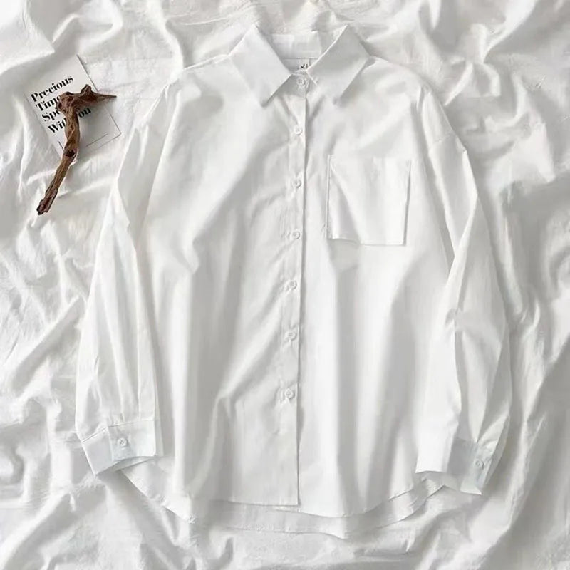 Japanese Style Loose Long Sleeve White Shirts Women Preppy Style Pocket Turn Down Collar Shirt Woman Harajuku Oversized Blouse