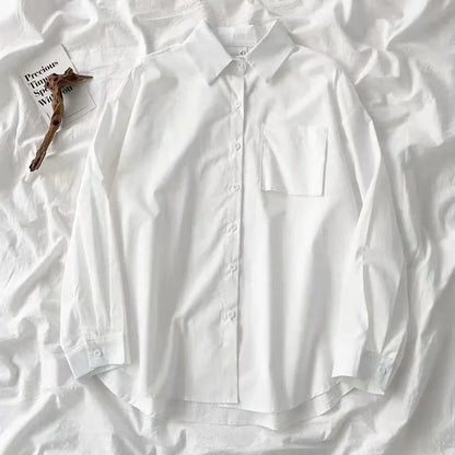 Japanese Style Loose Long Sleeve White Shirts Women Preppy Style Pocket Turn Down Collar Shirt Woman Harajuku Oversized Blouse