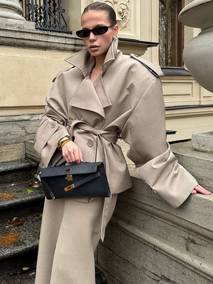 Solid Lapel Lace Up Jacket Elegant Chic Full Sleeve Button Loose Long Coat For Women Office Lady Daily Commute Overcoat 2026 New