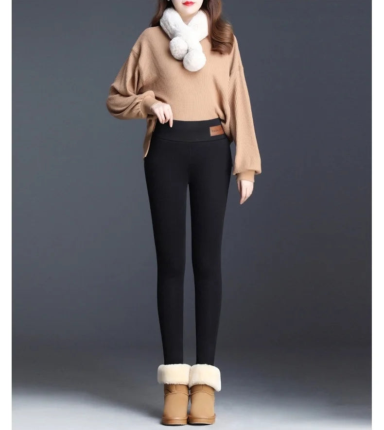 Women Thermal Leggings Winter Warm Sexy Elastic Translucent Pantyhose Female Fleece High Waist Slim Thicken Tight Pants Black