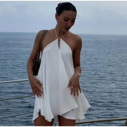 Sexy White Halter Backless Short Dresses Back Lace Up Tie-Waist Sexy Summer Beach Party High-Street Mini Dress Vestido For Woman