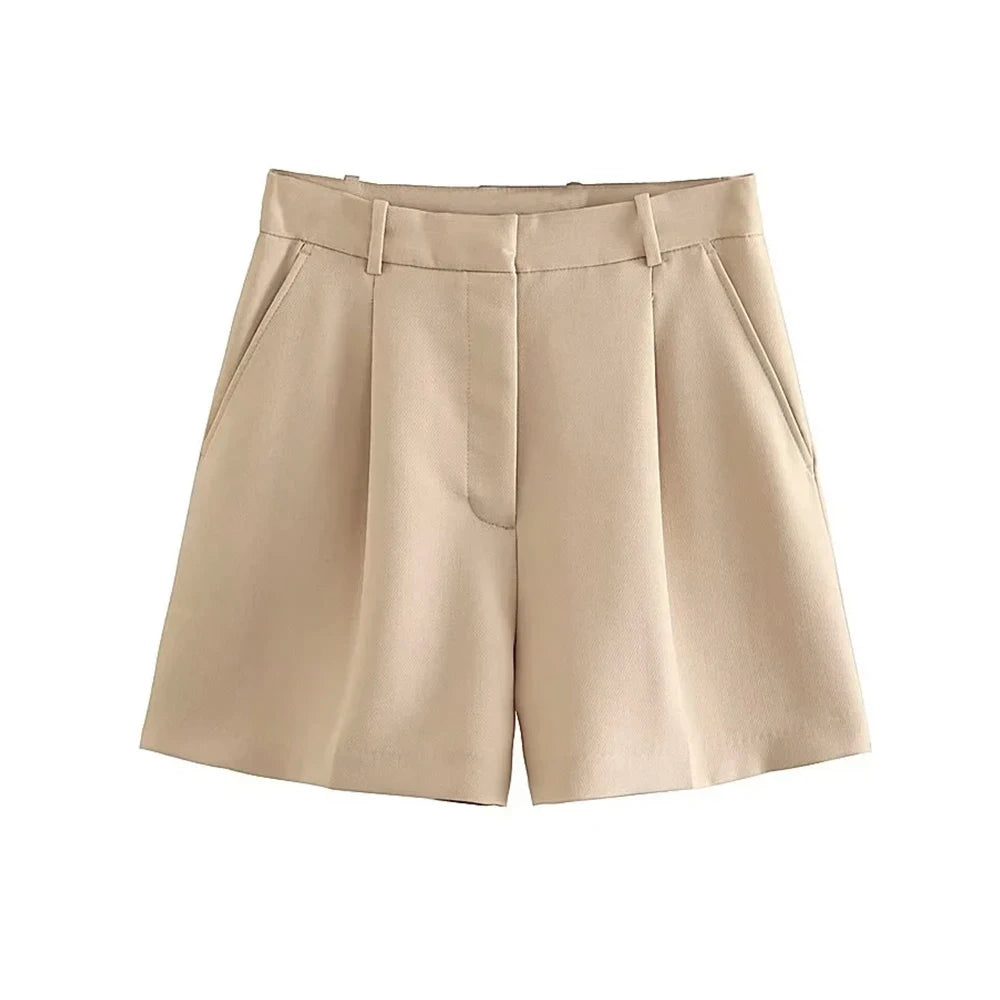 Women Fashion Side Pockets Front Darts Bermuda Shorts Vintage High Waist Zipper Fly Female Short Pants Mujer