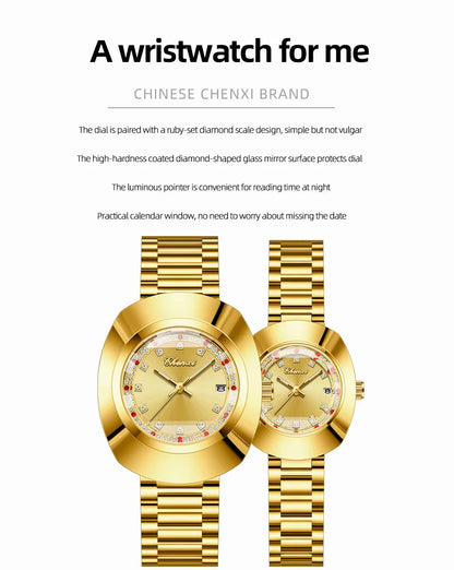 CHENXI Couple's Matching Quartz Watches Gold-Tone High-Fashion Diamond-Studded Waterproof Steel Bracelet Timepieces