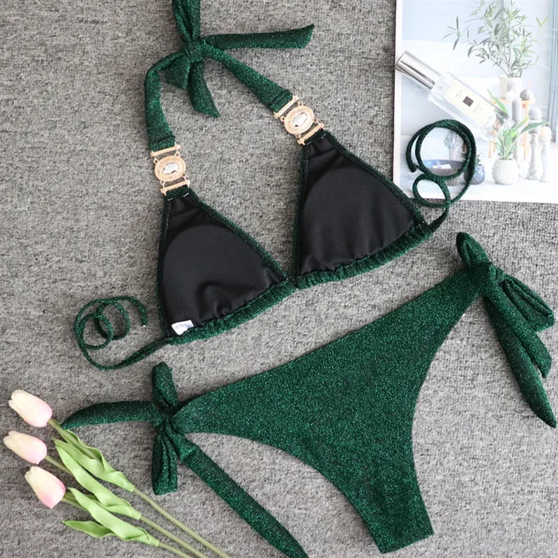 2026 Shiny Rhinestone Diamond Bikini Women Swimsuit Female Swimwear Two Pieces Bikini Set Halter Metal Chains Bathing Suit Swim