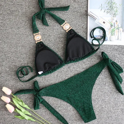 2026 Shiny Rhinestone Diamond Bikini Women Swimsuit Female Swimwear Two Pieces Bikini Set Halter Metal Chains Bathing Suit Swim