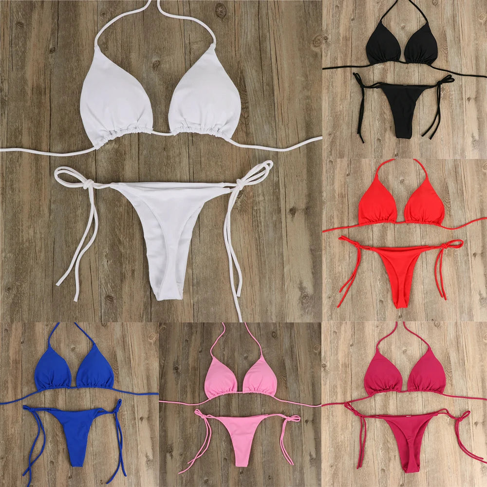 Women Tie Sexy Thong Bikini Set Side Swimsuit Bandage Style Brazilian Swimwear Split Strap Adjustable Solid Female Swimsuit Set