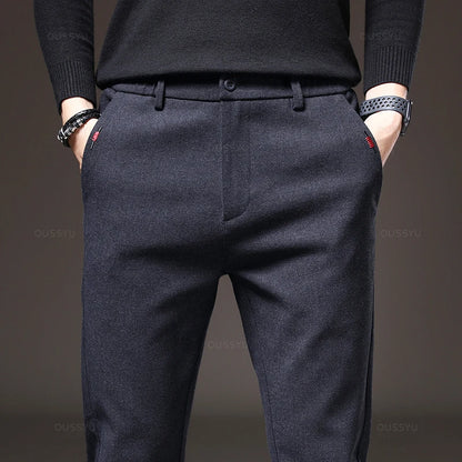 Spring Men's Casual Pants Business Fashion Elastic Waist Slim Fit Stretch Thick Gray Black Cotton Trousers Male