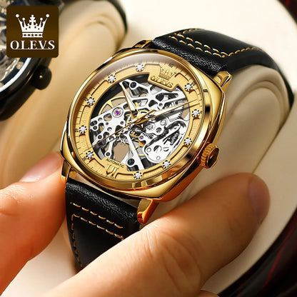 OLEVS 6651 Transparent Hollow Automatic Watches for Men Leather Strap Tonneau PUNK Style Mechanical Writwatch Luxury Man Watch