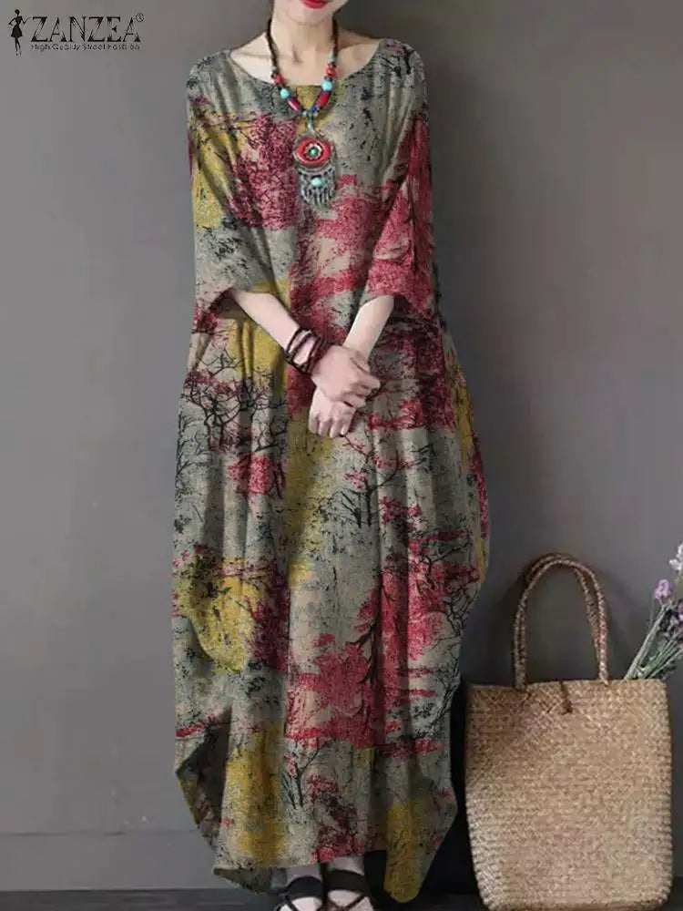 ZANZEA Bohemian Vintage Robe Women Maxi Long Dress Elegant Floral Printed Sundress Causal Loose Cotton Vestidos Autumn Dresses