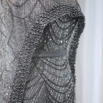 Sharon Said Luxury Pearls Dubai Champagne Evening Dresses with Cape New Arabic Women Mermaid Wedding Party Prom Dress SS369