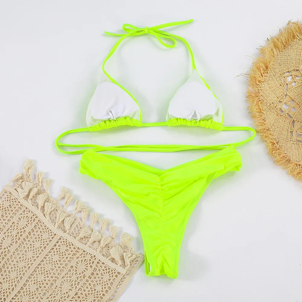 Sexy Bikini Set 2024 New Solid Pleated Bikini Swimwear Push Up Halter Swimsuit White Color Bathing Suits for Women
