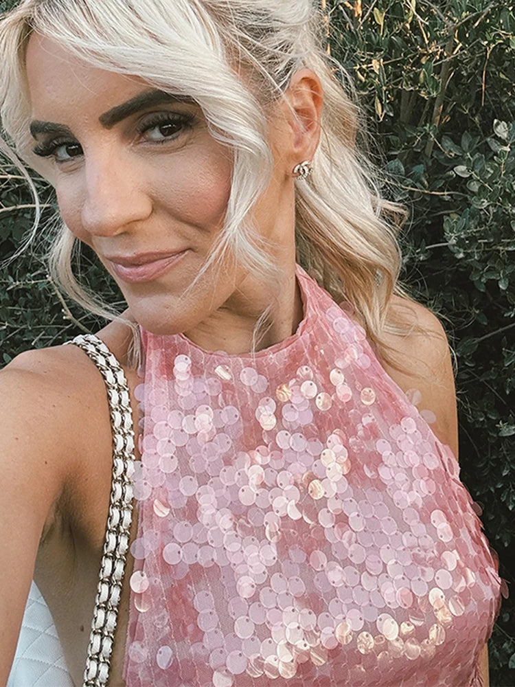 Halter Collar Bead Dress Sequin Glitter Lace Up Hanging Neck Fashion Sexy Backless Socialite Party Gown Pink Beach Short Dresses
