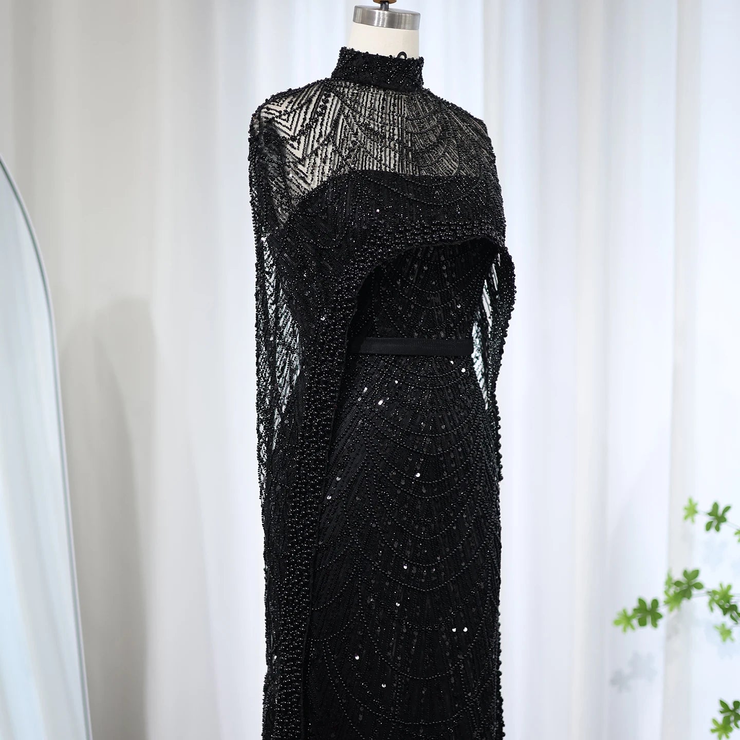 Sharon Said Luxury Pearls Dubai Champagne Evening Dresses with Cape New Arabic Women Mermaid Wedding Party Prom Dress SS369