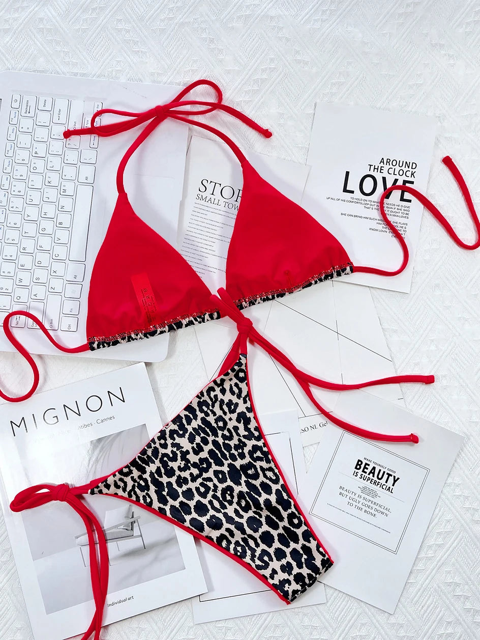 Sexy Leopard Micro Bikini 2025 Women Swimsuit Female Swimwear Thong Bikinis Set Brazilian Halter Beach Wear Lace Up Bathing Suit