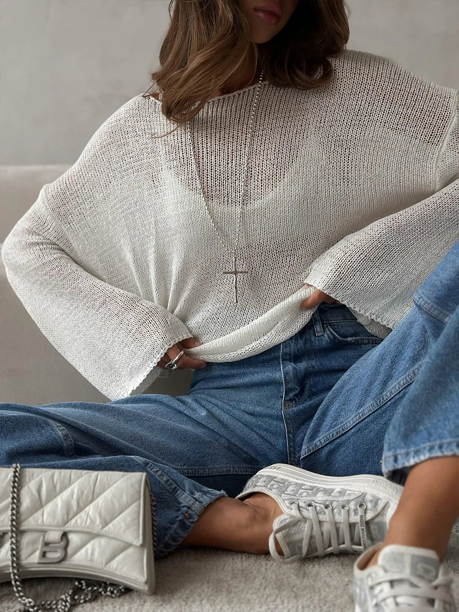 Bornladies Simple Solid Color Long Sleeved Sweater Women's Spring Knitted Hollow Top Loose Versatile Casual Sweater Pullovers