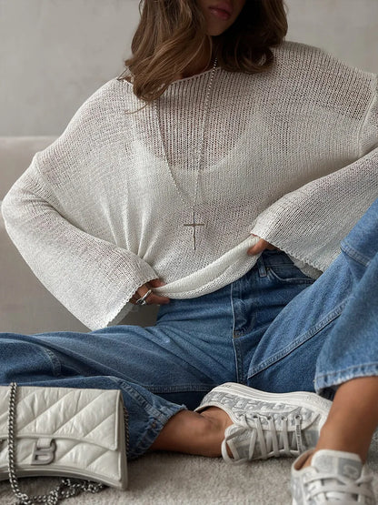 Bornladies Simple Solid Color Long Sleeved Sweater Women's Spring Knitted Hollow Top Loose Versatile Casual Sweater Pullovers