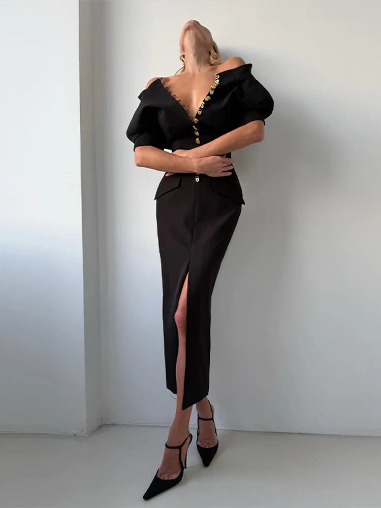 Women's High Neck Bodycon Midi Dress Short Sleeve Gold Button Split Hem Dresses 2026 Female Elegant Formal Evening Party Robe