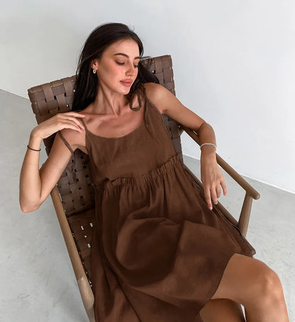 Solid Color Leace-up Spaghetti Strap Dresses Women Fashion Folds A-line Mini Dress Temperament Lady Commuting Short Vestidos New