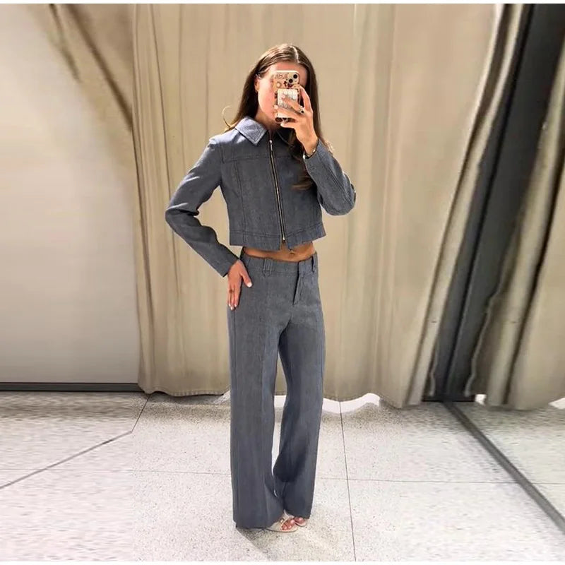 Casual Coats Pants Sets Women'S Turn-down Collar Long Sleeve Zippers Tops High Waist  Trousers 2026 Spring New Lady Chic Suit
