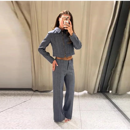 Casual Coats Pants Sets Women'S Turn-down Collar Long Sleeve Zippers Tops High Waist  Trousers 2026 Spring New Lady Chic Suit