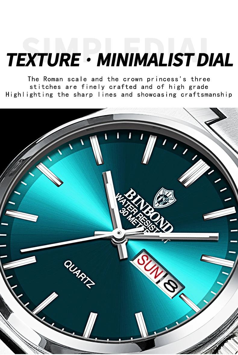 BINBOND Fashion B102 Men Business Watch Leisure Quartz Stainless Steel Buckle Watches Waterproof Luminous Calendar Men's Watches