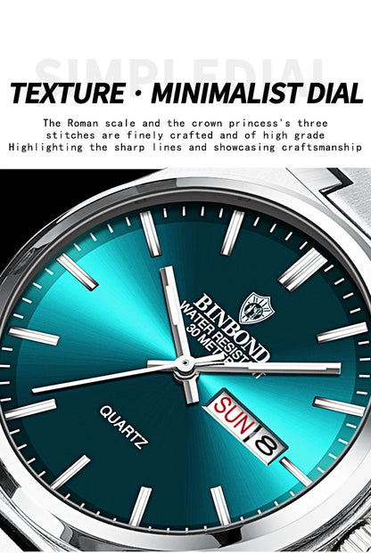 BINBOND Fashion B102 Men Business Watch Leisure Quartz Stainless Steel Buckle Watches Waterproof Luminous Calendar Men's Watches