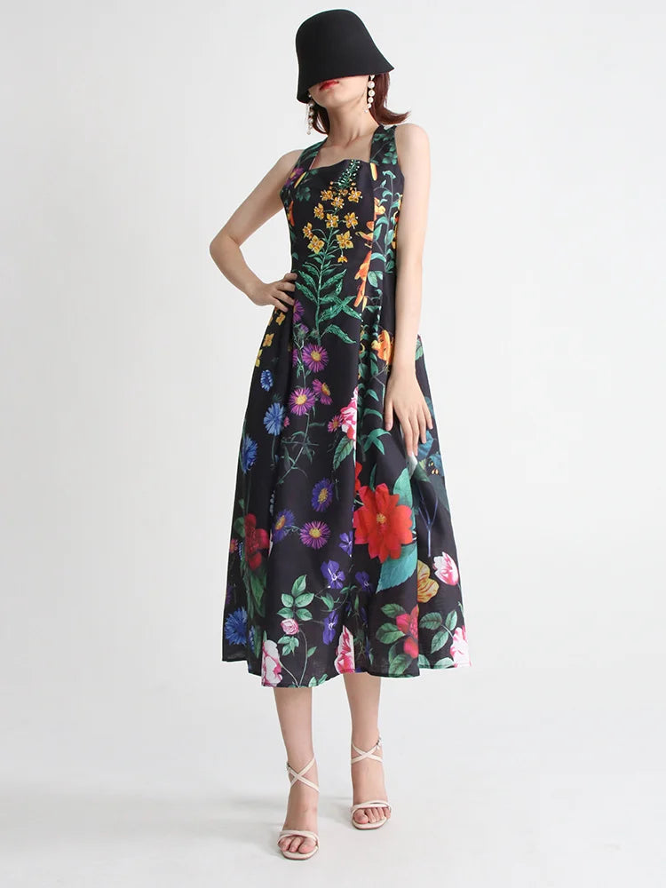 TWOTWINSTYLE Summer Loose Dress For Women Square Collar Sleeveless High Waist Print Colorblock Midi Dresses Female Clothing 2022