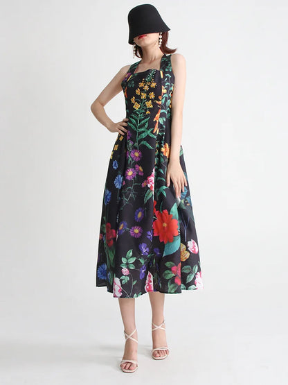 TWOTWINSTYLE Summer Loose Dress For Women Square Collar Sleeveless High Waist Print Colorblock Midi Dresses Female Clothing 2022