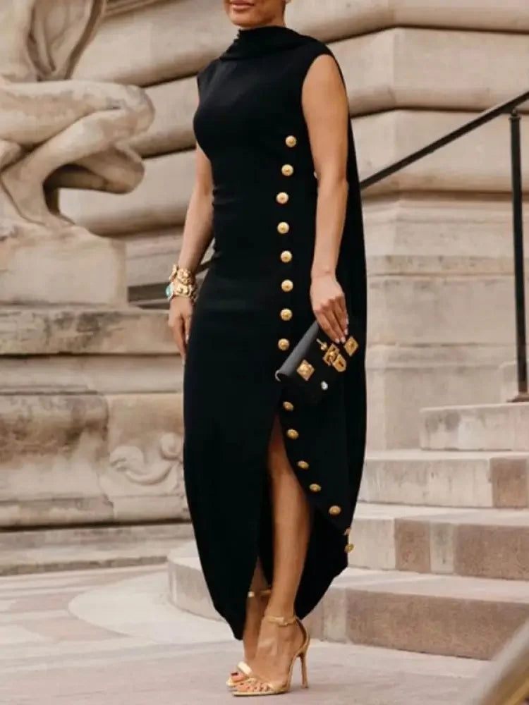 Freeacy Classy Party Dresses for Women Shawl Collar Sleeveless Side-Buttoned Split-side Maxi Dress Elegant Evening Dress