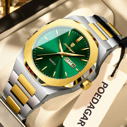 POEDAGAR Fashion Brand Man Clock Luminous Waterproof Stainless Steel Men's Watch Date Week Quartz Business Watches For Men Reloj