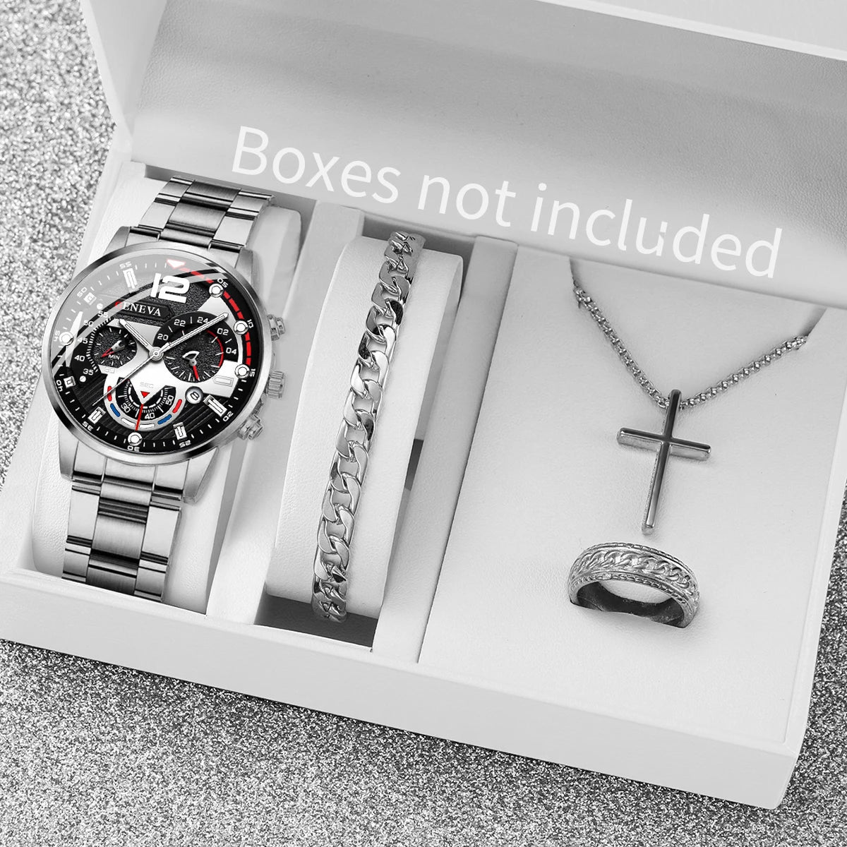 4PCS Men Business Watches Fashion Steel Band Analog Male's Quartz Watch Jewelry Set Relogio Masculino Clock Gift（Without Box）