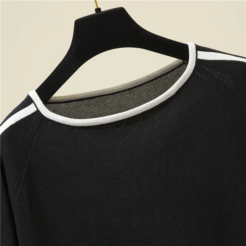 Casual Thin Knitted T-Shirt Camisetas Mujer Summer Short Sleeve Tops Elegant Woman Clothes Striped Fashion Tee Shirt Femme 18841