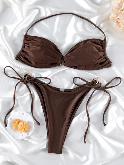 Solid Swimsuit Women Bathing Suit Bandeau Bikini 2026  Biquinis Feminino Swimwear High Waist Bikini Set Beachwear Sexy Bikinis