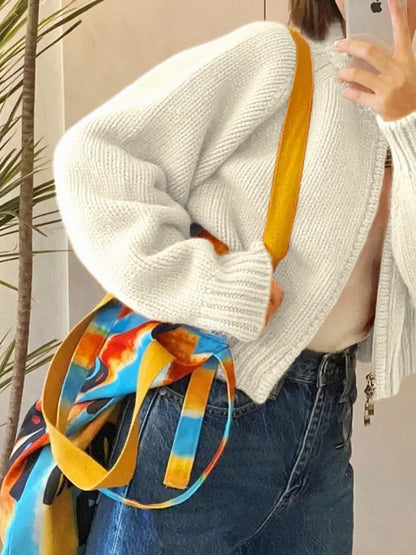 Korean Women Knitted Sweater Autumn Winter Chic Loose Long Sleeve Cardigan Tops Simple Solid Color Sweater Jacket