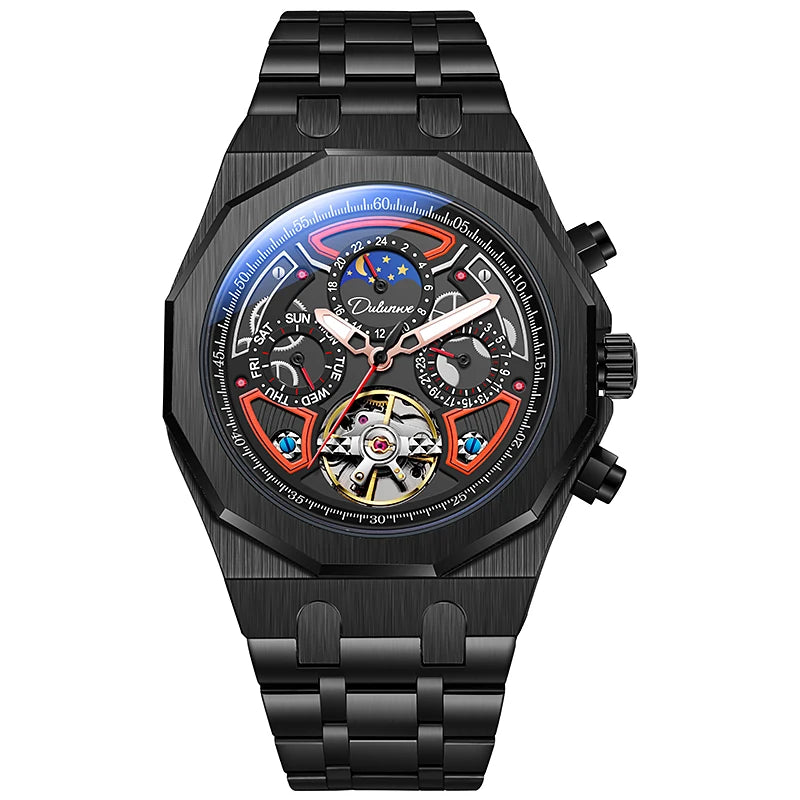 Luxury Tourbillon Watches Men Fashion Sport Rubber Strap Moon Phase Date Waterproof Automatic Mechanical Wrist Watch Man Reloj