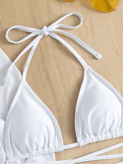 Sexy 4 Pieces Halter Bikinis Women Solid Swimwear Female Cover Up Swimsuit Long Sleeve And Skirt Bathing Suit Beachwear Summer