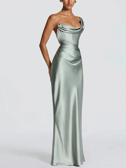 One Shoulder Satin Women 's Maxi Dress Cowl Neck Ruched Waist Bodycon Dresses 2026 Summer Woman Formal Evening Party Vestidos