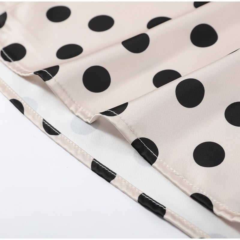 Satin Polka Dots V Neck Maxi Dress Suit Women Elegant Ribbon Full Sleeve Blouse Waist Cinching Long Skirt 2026 Lady Party Outfit