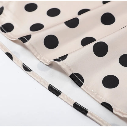 Satin Polka Dots V Neck Maxi Dress Suit Women Elegant Ribbon Full Sleeve Blouse Waist Cinching Long Skirt 2026 Lady Party Outfit