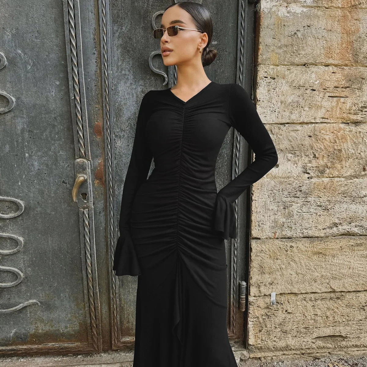 Women Elegant Ruffle Hem White Long Dress Fashion Shirring V-neck Flare Long Sleeve Dresses 2024 New Evening Party Robes Vestido
