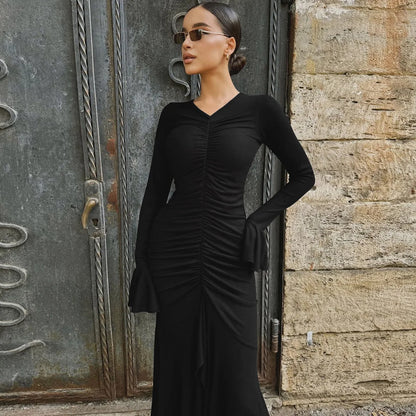 Women Elegant Ruffle Hem White Long Dress Fashion Shirring V-neck Flare Long Sleeve Dresses 2024 New Evening Party Robes Vestido