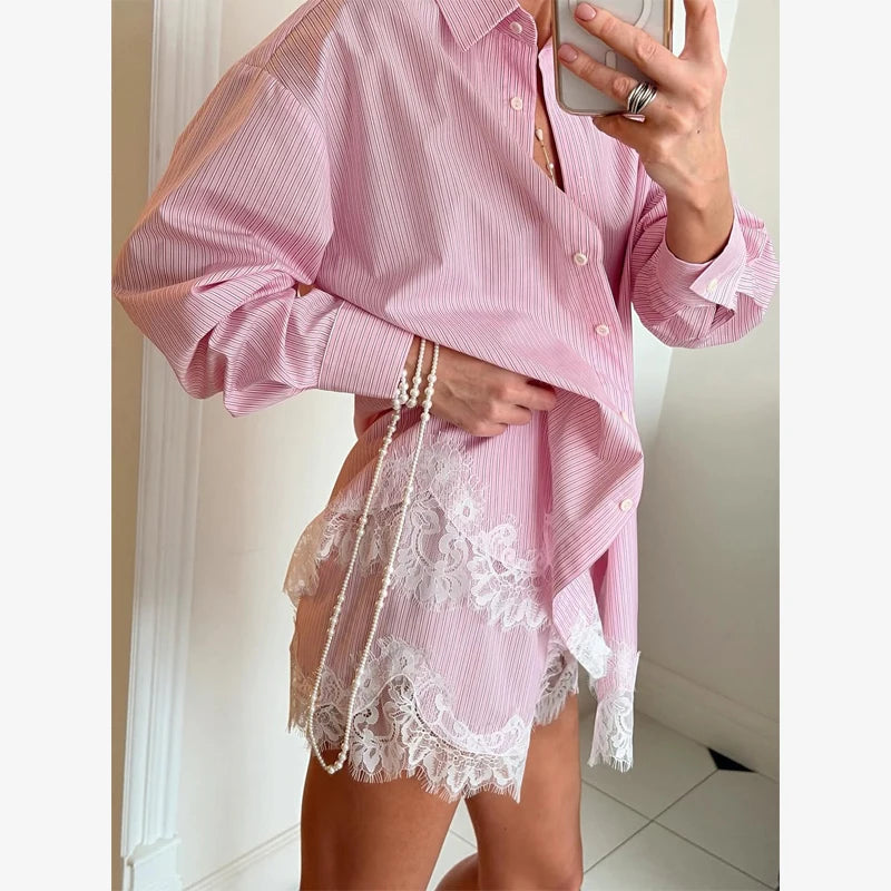 Solid Lapel Lace Patchwork Half Sleeve Shorts Set Women Chic Single Breasted Tops Pockets Pants Suits 2026 Daily Street Outfits