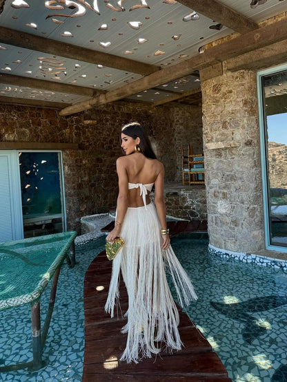 Women Fashion Off Shouler Tassels Long Skirt Set Sexy To Foots White Dresses Set Party Gown Clothing Female Beachwear Getways