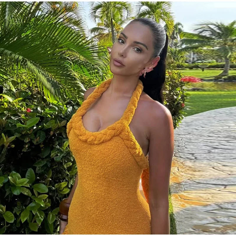 Tassels Hem Twist Strap Knitted Dress Women Sleeveless Backless Slim High Waist Dresses Female Holiday Evening Bodycon Robe
