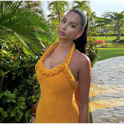 Tassels Hem Twist Strap Knitted Dress Women Sleeveless Backless Slim High Waist Dresses Female Holiday Evening Bodycon Robe