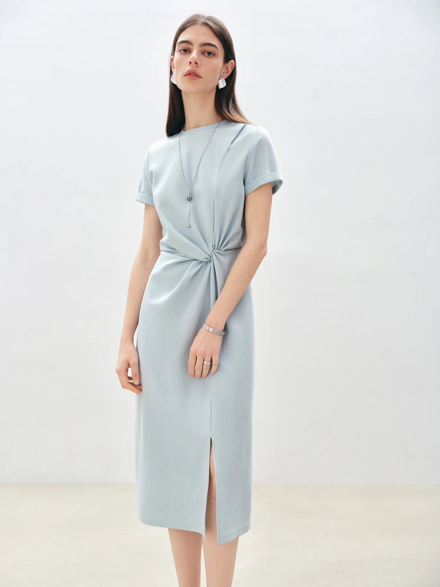 ZIQIAO Women Solid Long Dress 2025 Summer New Casual Round Neck T-Shirt Dresses Grey Short Sleeve X-LINE Dress 25ZQ92026