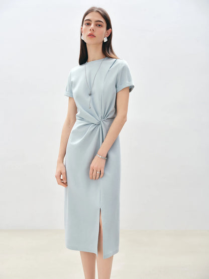 ZIQIAO Women Solid Long Dress 2025 Summer New Casual Round Neck T-Shirt Dresses Grey Short Sleeve X-LINE Dress 25ZQ92026