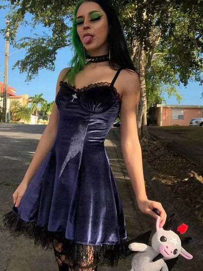 Velvet Gothic Sexy Black Mini Dress Women Vintage Spaghetti Strap High Waist Dresses Aesthetic Elegant Goth Party Club Dress
