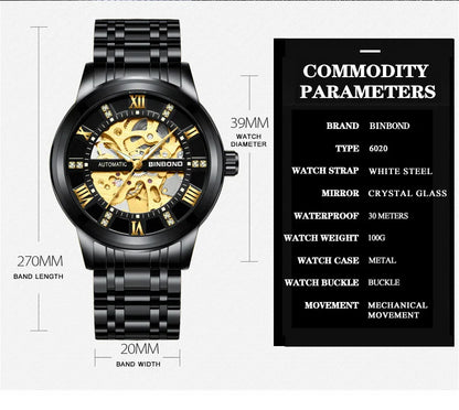 Bindond Mens Automatic Mechanical Watches Top Brand Luxury Stainless Steel Waterproof Hollow Male Wristwatches Relogio Masculino