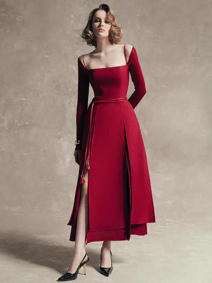 QMQA Fashion Women's Elegant Dresses Off The Shoulder Long Sleeve Split Asymmetric Hem Thin Middle Low Waist Dress New 1A200